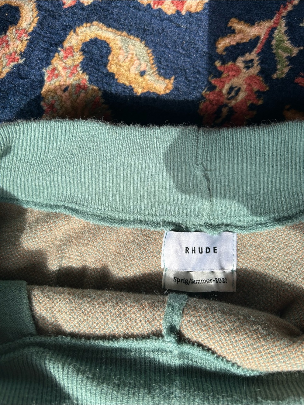 Rhude Light Blue Script Knit Shorts with Yellow Drawstring - Picture 3 of 4
